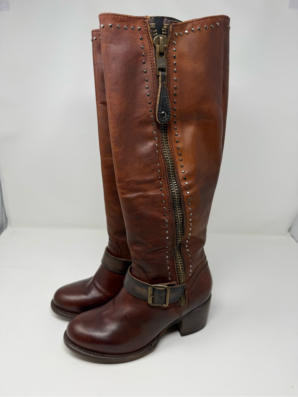 Born Brown Leather Tall Riding Boots with Studded Zip - Picture 6 of 8